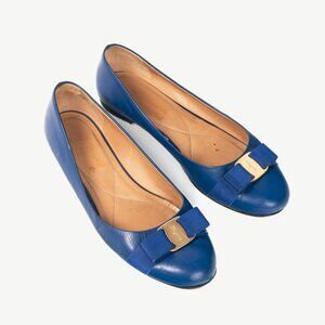 Salvatore Ferragamo Varina Blue Leather Bow Ballet Flats